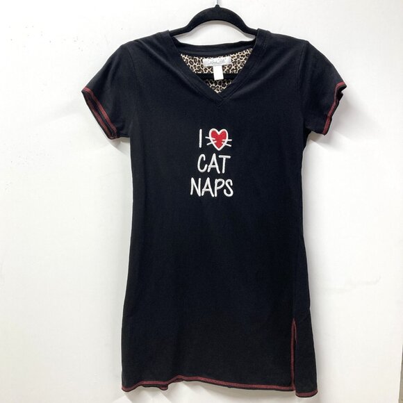 Rene Rofe Cotton Sleepshirt Pajamas, Sz Small, Black w "I Love Cat Naps" Graphic - Picture 1 of 8